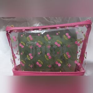Juicy Couture Pink Green Cherry Clear Makeup Cosmetic Bag 3pc Set NWT
